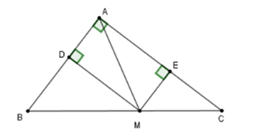Cho tam giác ABC vuông tại A, điểm M thuộc cạnh huyền BC. Gọi D, E  (ảnh 1)