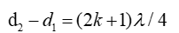 Trong hiện tượng giao thoa sóng của hai nguồn kết hợp cùng pha, điều kiện để tại điểm  M cách các nguồn  d1 , d2  dao động với biên độ cực tiểu là (ảnh 3)