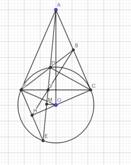 Cho (O; R) và điểm A nằm ngoài đường tròn với OA > 2R. Từ A vẽ 2 tiếp tuyến  (ảnh 1)