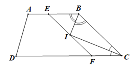 Cho hình thang ABCD (AB // CD, AB < CD), hai tia phân giác của góc B  (ảnh 1)