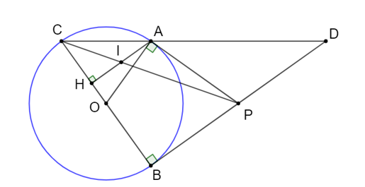 Từ điểm P nằm ngoài đường tròn (O; R) vẽ 2 tiếp tuyến PA, PB tới (O) với A, B là các tiếp điểm. Vẽ AH vuông góc với đường kính BC.  (ảnh 1)