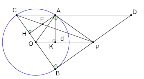 Từ điểm P nằm ngoài đường tròn tâm O bán kính R, kẻ hai tiếp tuyến PA, PB tới đường tròn (A, B là các tiếp điểm). Gọi H là chân đường vuông góc  (ảnh 1)