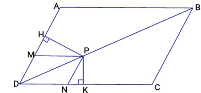 Chứng minh rằng: Khoảng cách từ 1 điểm trên đường chéo của hình thoi đến các  (ảnh 1)