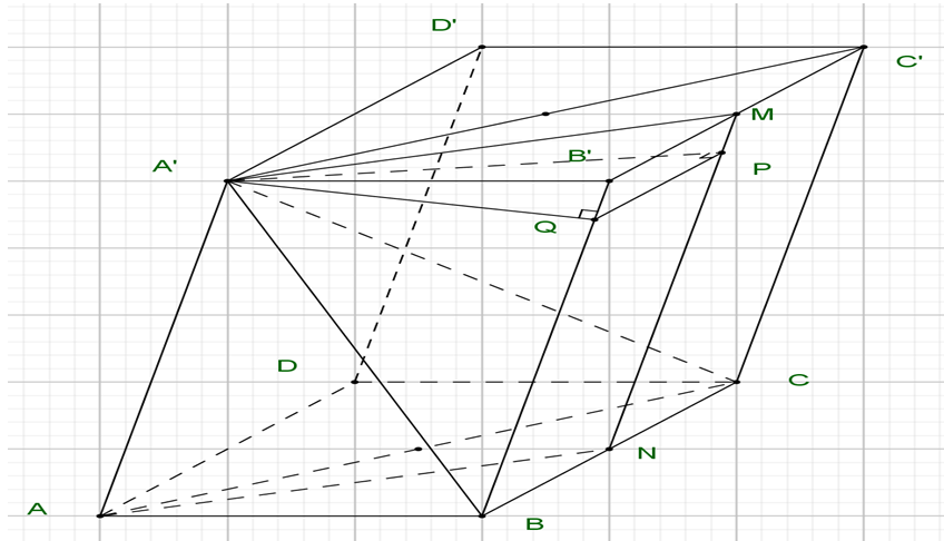 Cho hình lăng trụ tứ giác ABCD.A'B'C'D' có đáy là hình thoi cạnh a,  Biết góc A'BA = C'A'C = 90 độ góc giữa hai mặt phẳng (A'AD) và (ABB'A') bằng a với (ảnh 1)