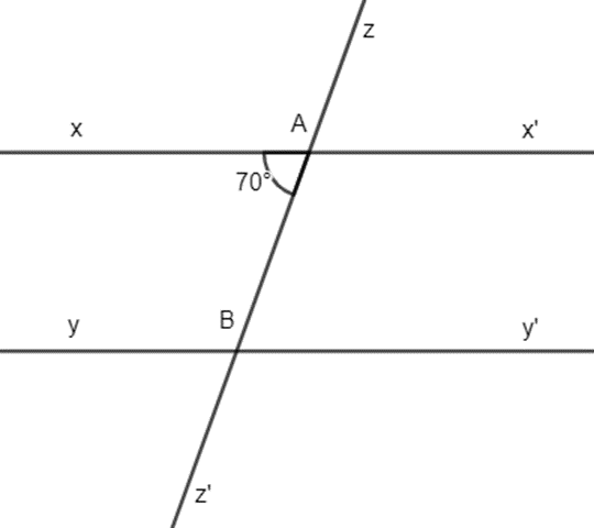 Cho hình vẽ biết xx’ // yy’ và góc xAB = 70 độ. Tính số đo góc yBz' và ABy (ảnh 1)