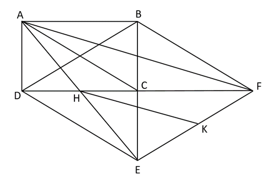 Cho hình chữ nhật ABCD. Vẽ điểm E đối xứng với B qua điểm C; vẽ  F đối xứng với  (ảnh 1)