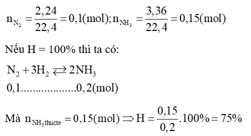 Cho 2,24 lít N2 tác dụng với lượng dư H2, sau một thời gian thu được 3,36 lít khí NH3 (các thể tích khí đều đo ở đktc). Tính hiệu suất của phản ứng tổng hợp NH3? (ảnh 1)