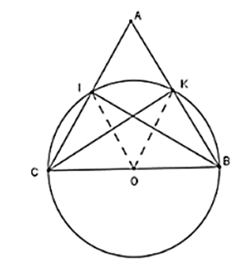 Cho ∆ABC cân tại A. Vẽ đường tròn tâm O, đường kính BC. Đường tròn (O) cắt AC (ảnh 1)