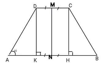 Cho hình thang cân ABCD có đáy lớn AB = 30 cm, đáy nhỏ CD = 10 cm và  (ảnh 1)