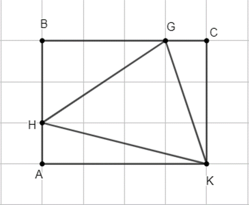 Tính diệm tích của tam giác GHK biết diện tích của một ô vuông nhỏ là 10 cm^2 (ảnh 2)
