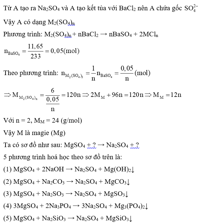 Hoàn thành 5 phương trình theo sơ đồ sau: A + ? → Na2SO4 + ? Biết 6 gam A tác dụng với dung dịch BaCl2 dư thu được 11,65 gam kết tủa. (ảnh 1)