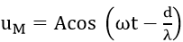 Sóng phát ra từ một nguồn điểm O. Xét 2 điểm M,N trên phương truyền sóng, MN=d. Sóng truyền từ O đến M, rồi đến N. Gọi λ là bước sóng và sóng truyền đi với biên độ không đổi. Biết phương trình sóng tại N là u_N=Acos(ωt). Phương trình sóng tại M là A. u_M=Acos⁡(ωt+2πd/λ).	B. u_M=Acos(ωt-2πd/λ). C. u_M=Acos⁡(ωt-d/λ).	D. u_M=Acos⁡(ωt). (ảnh 4)