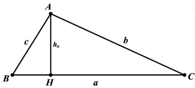 Cho tam giác ABC, biết a = 7, b = 8, c = 5. Tính góc A, S, ha, R (ảnh 1)
