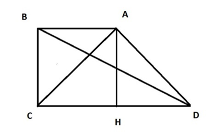 Cho hình thang vuông ABCD có góc B = góc C = 90 độ và AB = BC = 1/2CD = 2cm (ảnh 1)
