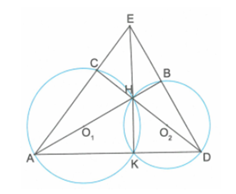 Cho H, K là các giao điểm  của đường tròn (O1), (O2). Đường thẳng O1H  (ảnh 1)