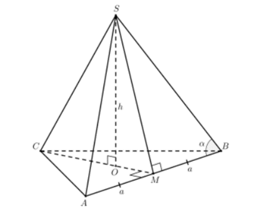Tính thể tích V của khối chóp tam giác đều S.ABC, biết chiều cao hình chóp bằng  (ảnh 1)
