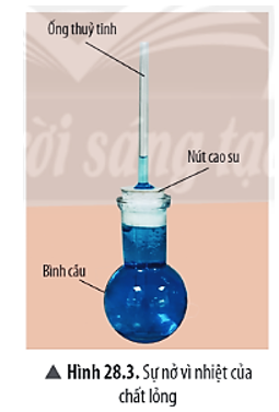 Thí nghiệm 3: Sự nở vì nhiệt của chất lỏng  Chuẩn bị: bình cầu, nước màu, nút cao su có lỗ, ống thủy tinh (ảnh 1)