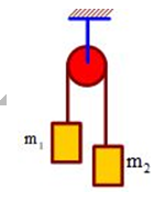 Cho hệ như hình vẽ, m1 = 1 kg, m2 = 2 kg. Khối lượng ròng rọc và dây không đáng kể, bỏ qua ma sát. Tính sức căng của dây nối,     A. 15,2 N B. 13,3 N C. 17 N D. 15 N (ảnh 1)