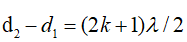 Trong hiện tượng giao thoa sóng của hai nguồn kết hợp cùng pha, điều kiện để tại điểm M cách các nguồn d1 , d2 dao động với biên độ cực tiểu là (ảnh 4)