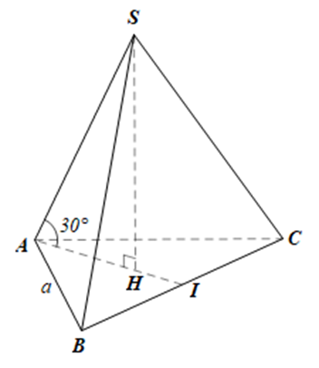 Cho khối chóp tam giác đều S.ABC có cạnh đáy bằng a, góc giữa cạnh bên  (ảnh 1)
