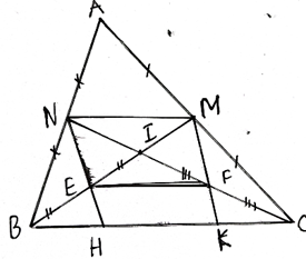 Cho tam giác ABC nhọn, 2 đường trung tuyến BM và CN cắt nhau tại I. Gọi E và F là  (ảnh 1)