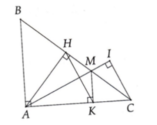 Cho tam giác ABC vuông tại A (AB < AC), đường cao AH. Trên cạnh BC lấy điểm M  (ảnh 1)