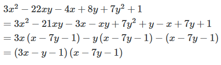 Phân tích đa thức thành nhân tử: 3x^2 - 22xy - 4x + 8y + 7y^2 + 1 (ảnh 1)