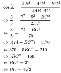 Cho tam giác ABC có AC = 7, AB = 5 và cosA = 3/5. Tính BC, S, ha, R (ảnh 1)