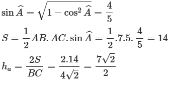 Cho tam giác ABC có AC = 7, AB = 5 và cosA = 3/5. Tính BC, S, ha, R (ảnh 2)
