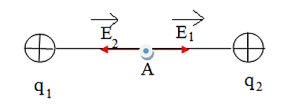Trong không khí, người ta bố trí 2 điện tích có cùng độ lớn 0,5 μC cùng dấu cách nhau 2 m. Tại trung điểm của 2 điện tích, cường độ điện trường là (ảnh 1)