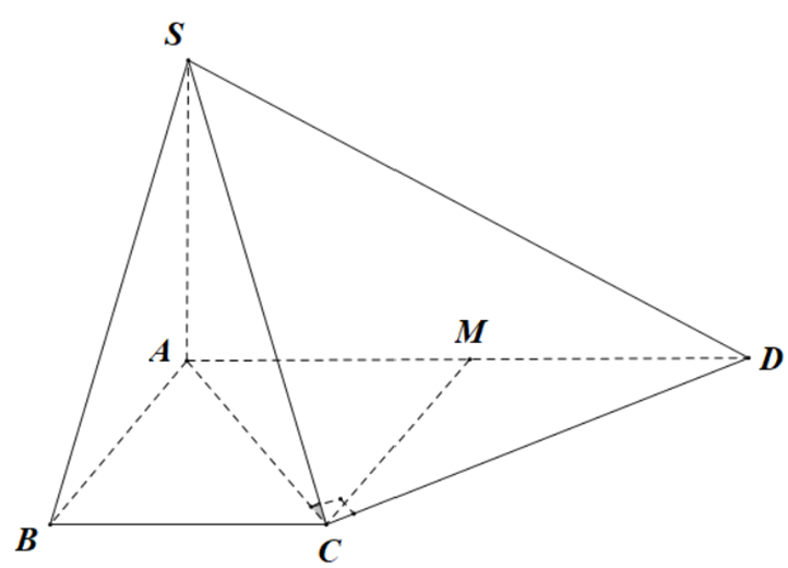 Cho hình chóp S.ABCD có đáy ABCD là hình thang vuông tại A, B. Biết SA vuông góc với đáy, AB = BC = 2a; AD = 4a; góc giữa (SCD) và đáy bằng 60o . Tính thể tích khối chóp S.ABCD (ảnh 1)
