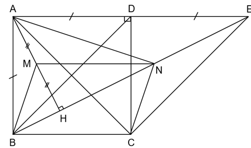 Cho hình vuông ABCD. Gọi E là điểm đối xứng với A qua D. a) Tam giác ACE vuông cân. (ảnh 1)