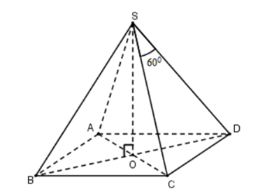 Cho hình chóp tứ giác đều S.ABCD có chiều cao h, góc ở đỉnh của mặt bên bằng  (ảnh 1)