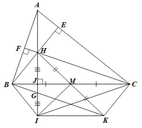 Cho tam giác ABC có 3 góc nhọn và AB < AC. Các đường cao BE, CF cắt nhau  (ảnh 1)