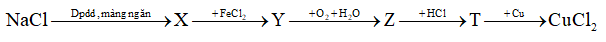 Cho sơ đồ các phản ứng xảy ra ở nhiệt độ thường:   Hai chất X, T lần lượt là A. NaOH, Fe(OH)3.	B. Cl2, FeCl2.	C. NaOH, FeCl3.	D. Cl2, FeCl3. (ảnh 1)