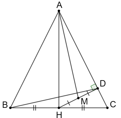 Cho ∆ABC cân tại A. H là trung điểm của BC. D là hình chiếu của H trên AC (ảnh 1)