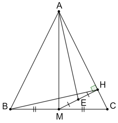 Cho tam giác ABC cân tại A, M trung điểm BC, H là hình chiếu của M trên AC, E (ảnh 1)