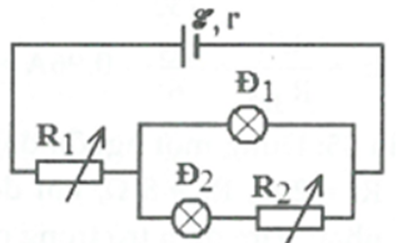 Cho mạch điện như hình vẽ, nguồn điện có suất điện động E = 6,6 V điện trở trong r = 0,12 Ω, bóng đèn Đ1 (6 V – 3 W) và Đ2 (2,5 V – 1,25 W) a) Điều chỉnh R1 và R2 sao cho 2 đèn sáng bình thường. Tính các giá trị của R1 và R2. b) Giữ nguyên giá trị của R1, điều chỉnh biến trở R2 sao cho nó có giá trị R′2 = 1 Ω. Khi đó độ sáng của các bóng đèn thay đổi thế nào so với câu a?   (ảnh 1)