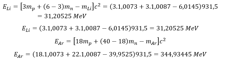 Cho khối lượng của proton, notron, (_18^40)Ar, (_3^6)Li lần lượt là: 1,0073 u; 1,0087 u; 39,9525u; 6,0145 u và 1u=931,5 MeV/c^2 .  (ảnh 1)