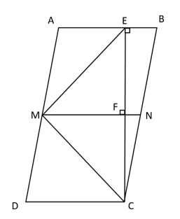 Cho hình bình hành ABCD trong đó có AD = 2AB. Kẻ CE vuông góc với AB. Gọi M là trung điểm của AD, nối EM, kẻ MF vuông góc với CE; MF cắt BC tại N.  (ảnh 1)