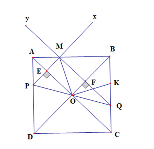 Cho hình vuông ABCD, gọi O là tâm của hình vuông. Một đường thẳng qua  (ảnh 1)