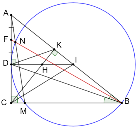 Cho tam giác ABC vuông tại C (AC < BC), đường cao CK và đường phân giác  (ảnh 1)