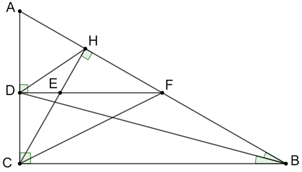 Cho tam giác ABC vuông tại C (AC < BC), đường cao CHK và đường phân giác (ảnh 1)