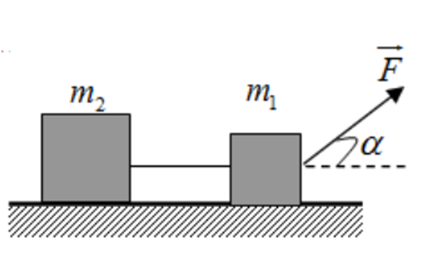 Cho hệ như hình vẽ với khối lượng của vật một và vật hai lần lượt là m1 = 3 kg; m2 = 2 kg, hệ số ma sát giữa hai vật và mặt phẳng nằm ngang là μ = μ1 = μ2 = 0,1. Tác dụng một lực F = 10 N vào vật một hợp với phương ngang một góc. Lấy g = 10 m/s2. Tính gia tốc chuyển động và lực căng của dây.   (ảnh 1)