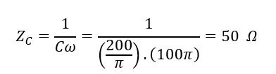 Một mạch điện xoay chiều chỉ chứa tụ điện có điện dung C=200/π  μF, cường độ dòng điện tức thời qua mạch có biểu thức i=4√2  cos⁡(100πt+π/3)   (ảnh 1)