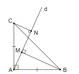 Cho tam giác ABC vuông cân đỉnh A. Qua A kẻ đường thẳng d cắt BC. Vẽ BM, CN cùng vuông góc với d. Chứng minh: ∆BAM = ∆CAN. (ảnh 1)