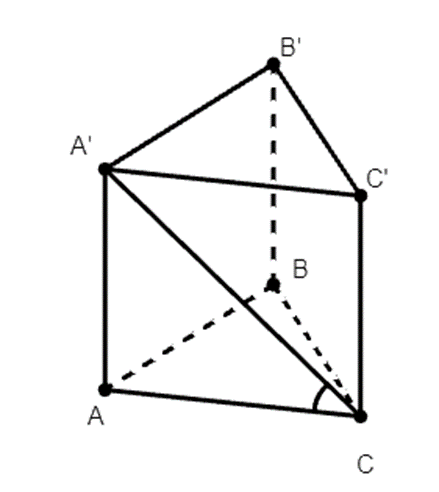Cho hình lăng trụ đều ABC.A’B’C’ có cạnh đáy bằng a, A’C hợp với mặt đáy  (ảnh 1)