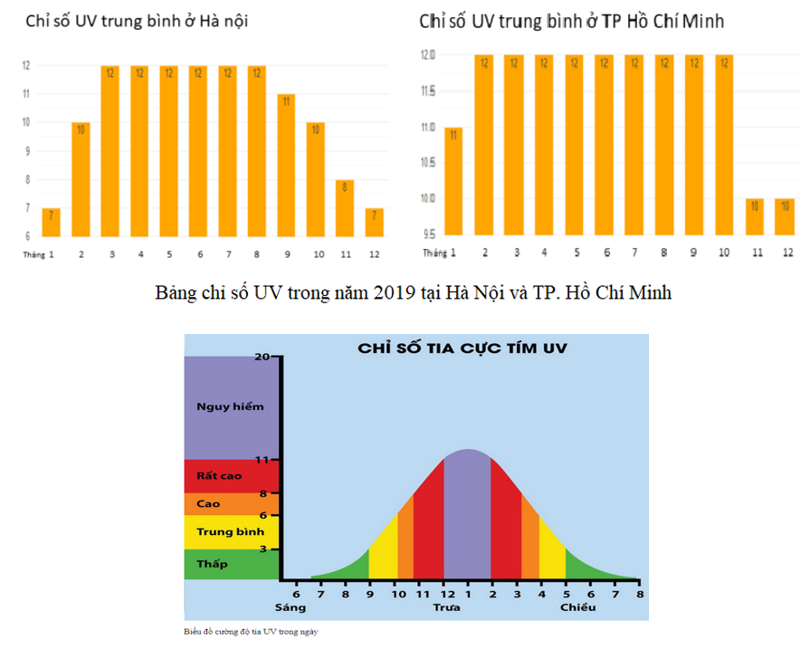 Các tia UV-A (có bước sóng trong khoảng từ 320 nm đến 400 nm) trong ánh sáng mặt trời có thể có tác dụng sinh học tốt như kích thích sự sản sinh vitamin D. Nhưng các tia UV-B có bước sóng trong khoảng từ 280 nm đến 320 nm lại có thể nguy hiểm như gây ung thư da. Bằng cách tra cứu sách, báo, hãy lập biểu đồ cho biết ở địa phương em, trong khoảng thời gian nào của một năm và thời gian nào trong ngày ta cần phải phòng tránh tia UV-B. (ảnh 1)