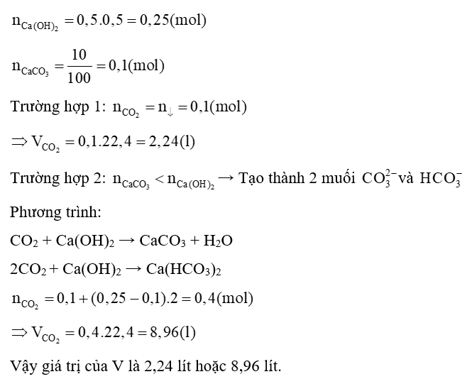 Cho V lít CO2 ( đktc) tác dụng 500ml dung dịch Ca(OH)2 0,5M tạo thành 10 gam kết tủa. Tính giá trị của V? (ảnh 1)