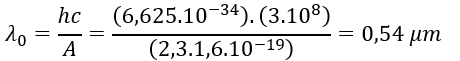 Công thoát của electron đối với một kim loại là 2,3 eV. Chiếu lên bề mặt kim loại này lần lượt hai bức xạ có bước sóng là λ_1=0,45 μm và λ_1=0,50 μm.  (ảnh 1)
